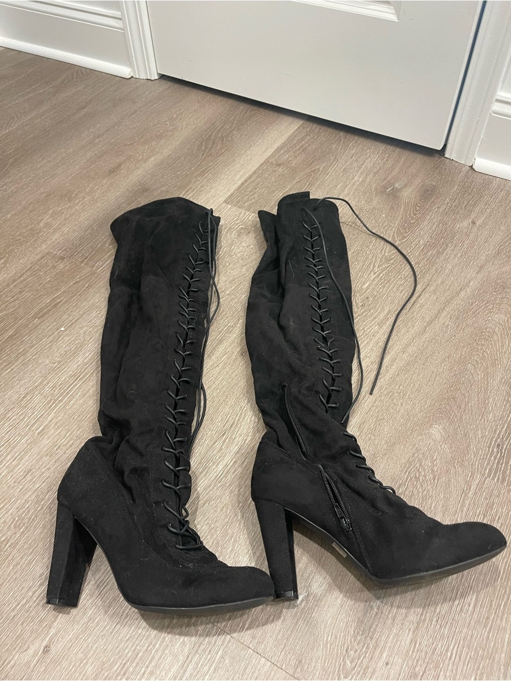 Wild Diva Black Lace-Up Over-the-Knee Block Heel Boots